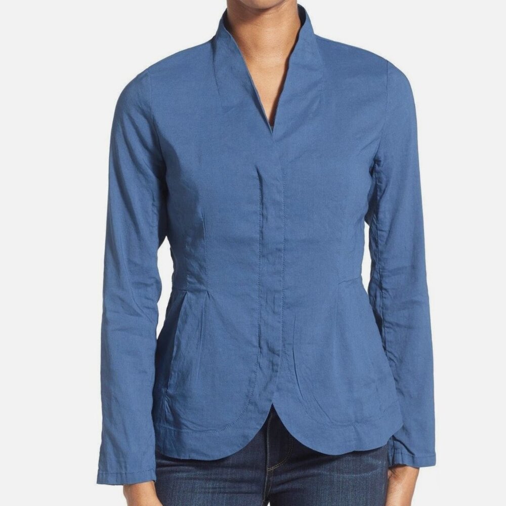 Eileen Fisher Linen Blend Zip Front Jacket Shirt - Blue - Small